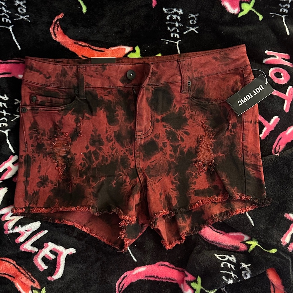 Black heart Distressed Red and Black Jean Shorts